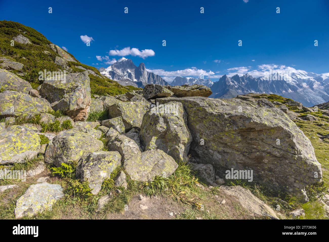 Petit Dru und Aiguille du Dru oder Les Drus, Les Droites, Grandes Jorasses magestische Bergmauern und Gipfel im Chamonix-Tal, französische Alpen Stockfoto