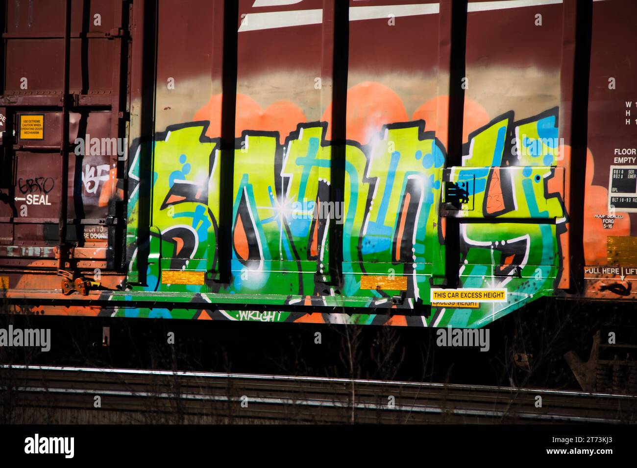 Zugkastenwagen mit Graffiti. Stockfoto