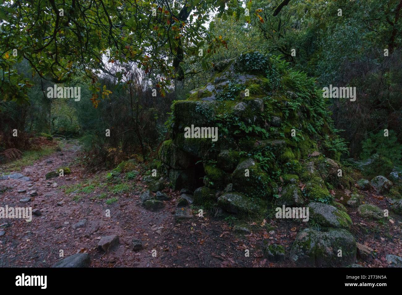 Alte moosbedeckte Unterschlupf aus Stein neben der römischen Handelsstraße durch den Herbstwald, Peneda-Geres Nationalpark, Vilar da Veiga, Portugal Stockfoto