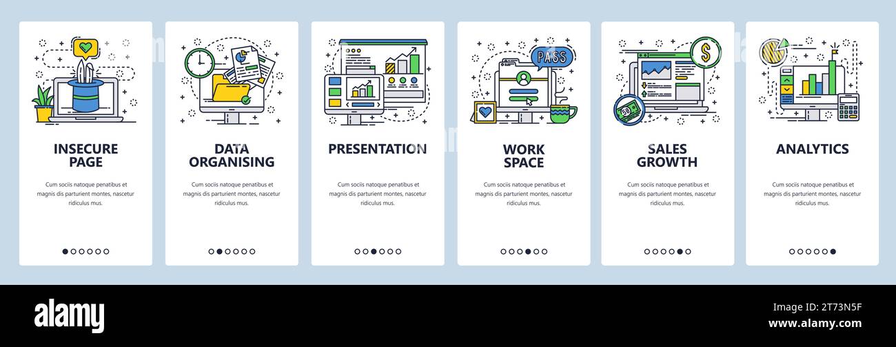 Vorlage für Linear-Art-Onboarding-Bildschirme der Vektor-Website. Geschäftsanalysen und Präsentation von Finanzberichten mit Diagrammen. Menübanner für Website und Stock Vektor