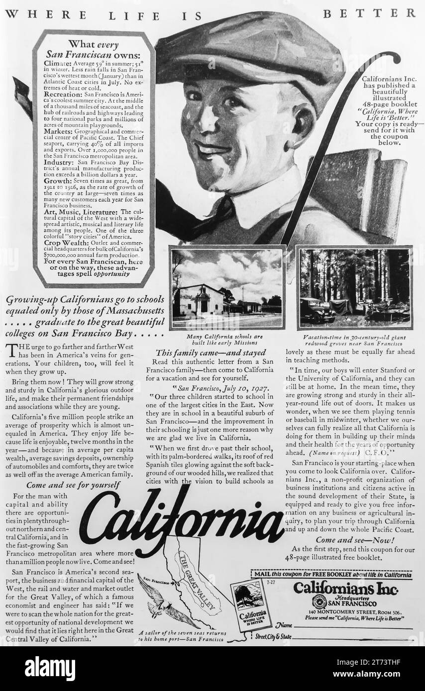 1927 Kalifornien. Wo das Leben besser ist, Werbung. Kalifornische Schulen für Jungen in San Francisco Werbeseite. Californians Inc Stockfoto