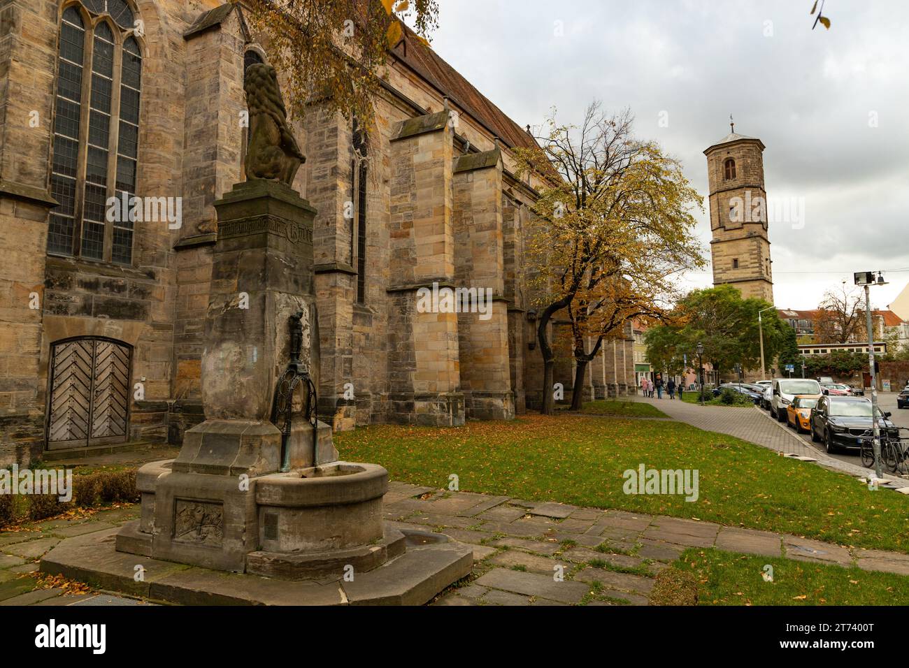 Predigerkirche und Gustav II Adolf von Schweden Brunnen in Erfurt Stockfoto