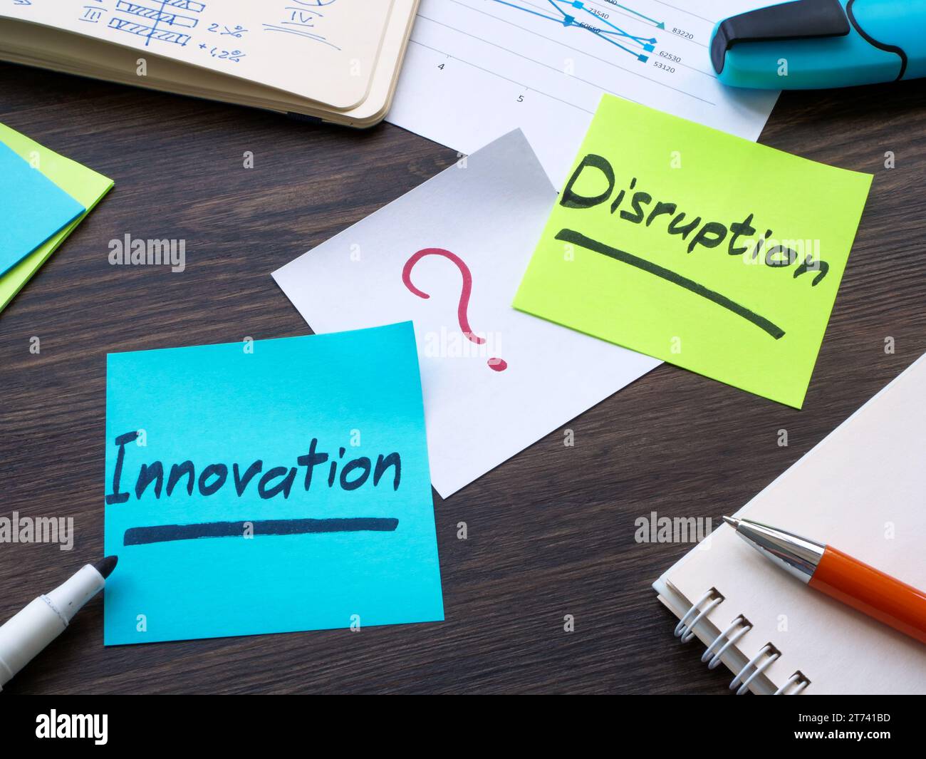 Aufkleber mit Aufschriften Innovation und Disruption. Stockfoto