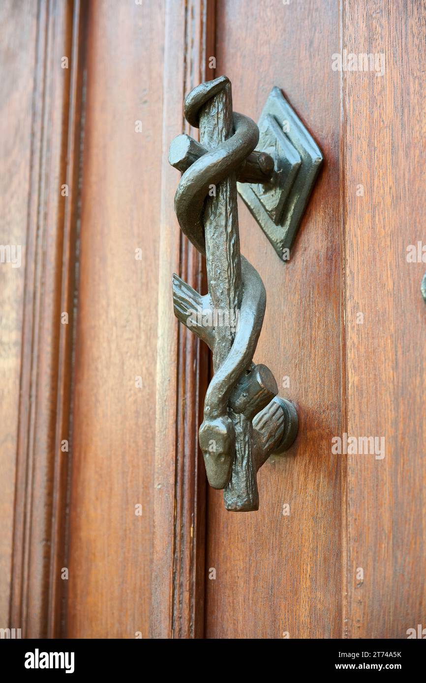 Schlangenförmiger Klopfer an einer Holztür Stockfoto