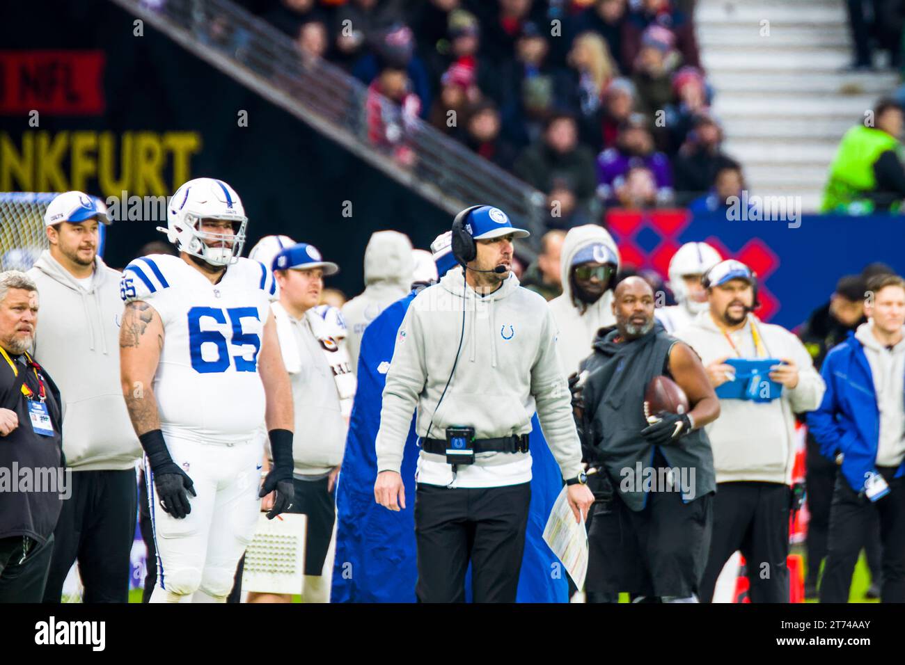 NFL International Series /Game: Indianapolis Colts vs. New England Patriots am 12. November 2023, im Deutsche Bank Park, Frankfurt A.M., Deutschland, Indianapolis Colts - Head Coch Shane Steichen Stockfoto