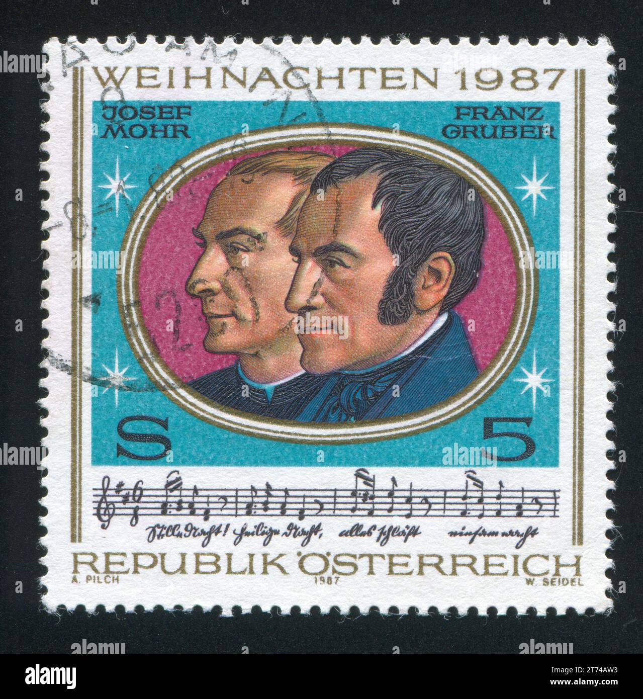 ÖSTERREICH - UM 1987: Briefmarke von Österreich, zeigt Joseph Mohr und Franz Gruber, um 1987 Stockfoto