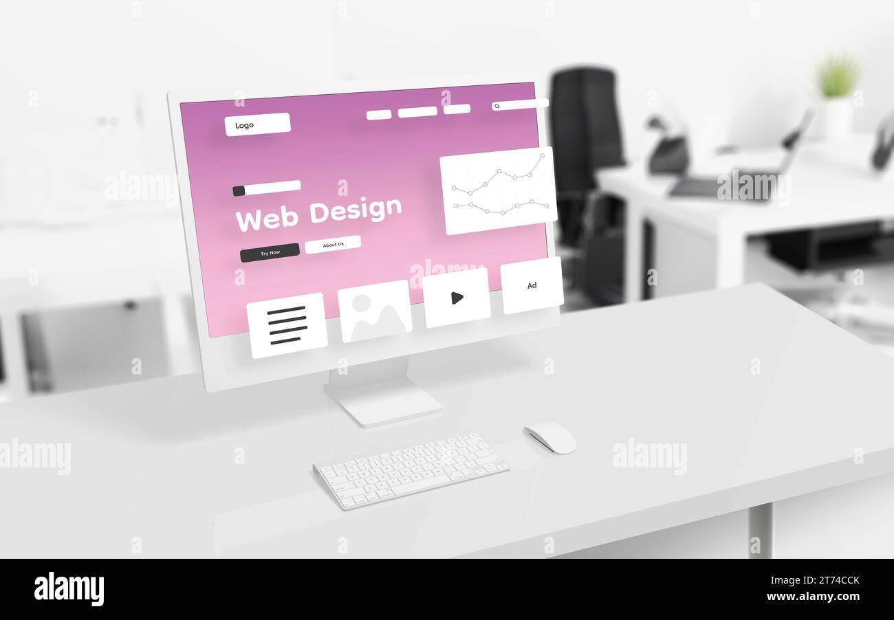 Webdesign Studio-Seitenlayoutelemente bewegen sich vor einem modernen Computerdisplay. Digitaler Arbeitsbereich im Studio-Büro im Hintergrund Stockfoto