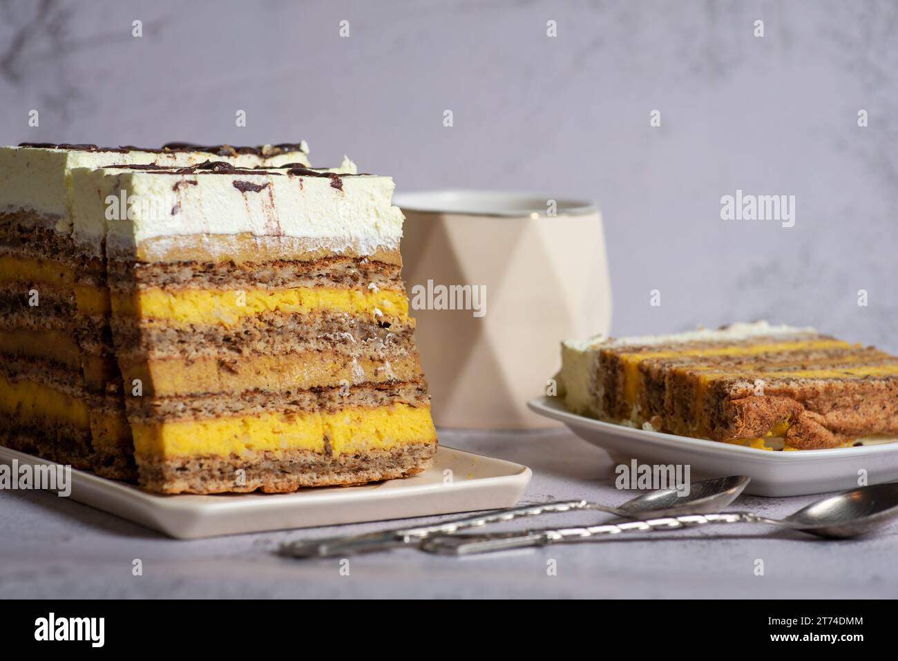 Hausgemachter Mandelkuchen mit verschiedenen Vanille- und Kakaofüllungen, dekoriert mit Schlagsahne. Auf hellgrauem Hintergrund, Nahaufnahme Stockfoto
