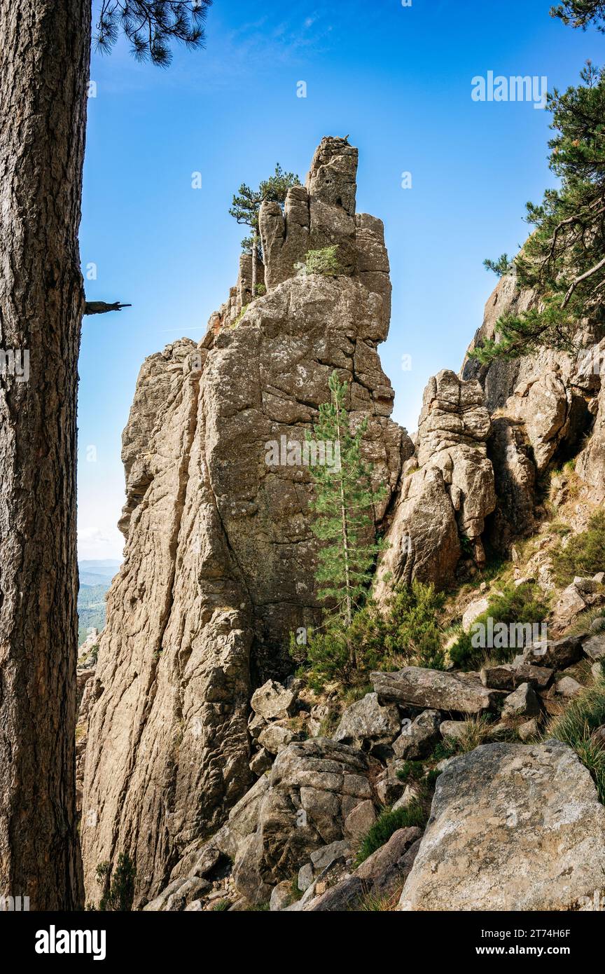 Felsiger Gipfel auf dem Aiguilles de Bavella, GR20, Korsika, Frankreich Stockfoto