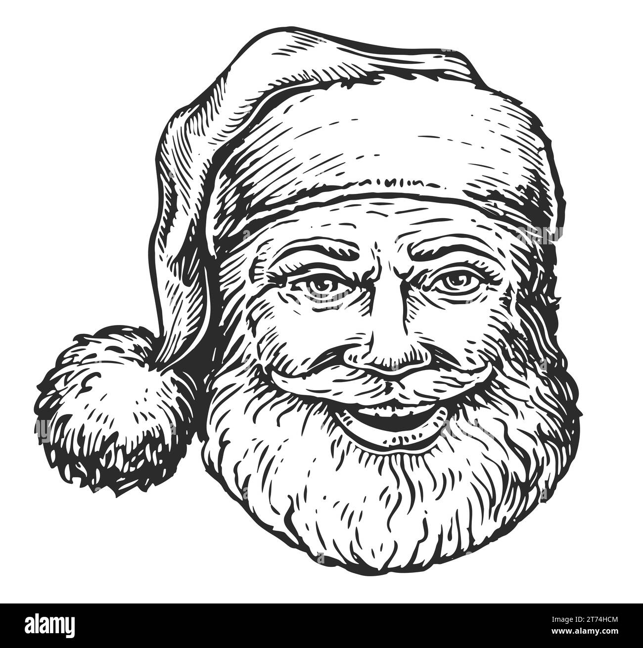 Fröhlich lächelnder Weihnachtsmann. Handgezeichnetes Porträt des Weihnachtssymbols, Illustration Stockfoto