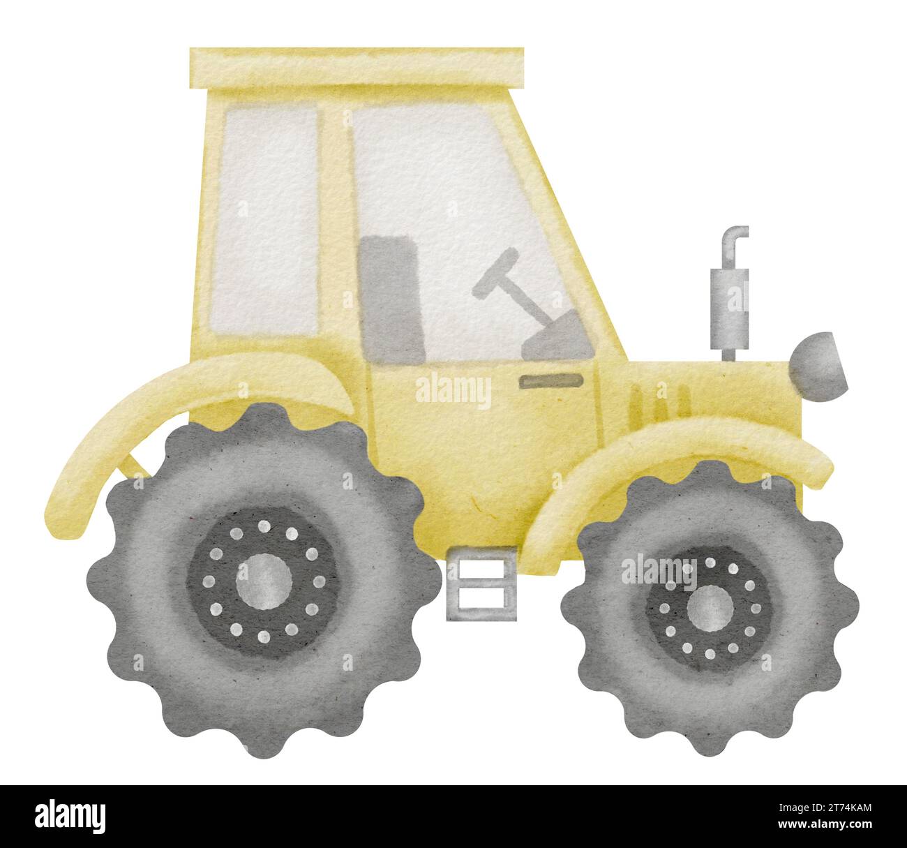Illustration „Traktor Aquarell“. Handgezeichnete Clipart des gelben Trucks des Babyspielzeugs auf isoliertem Hintergrund. Zeichnung eines Agromotorwagens für ein Jungen-Spiel. Skizze von Maschinen für Bau und Betrieb. Stockfoto