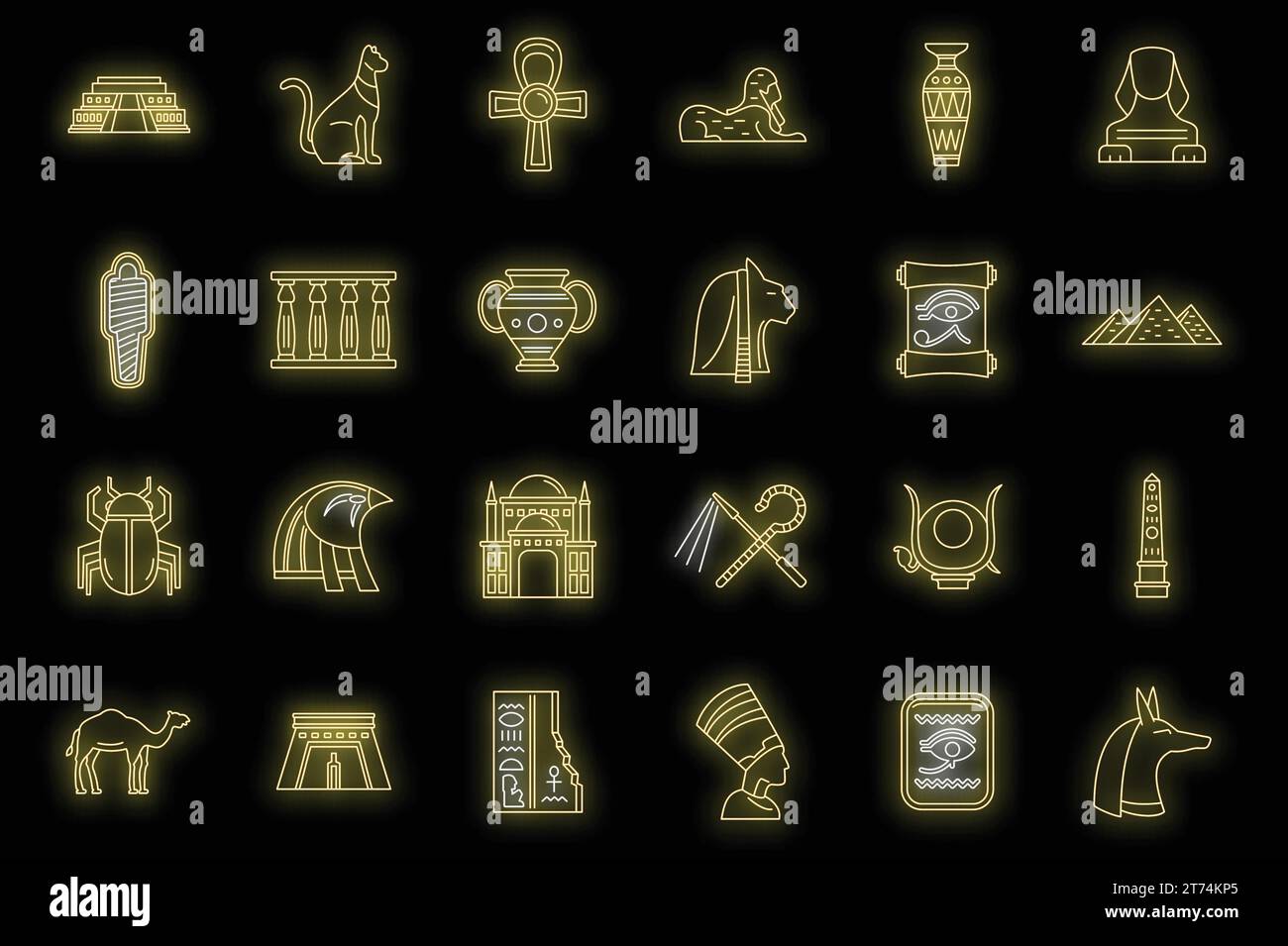 Reisesymbole für Ägypten eingestellt. Kontursatz von Ägypten Reise Vektor Symbole Neonfarbe auf Schwarz Stock Vektor