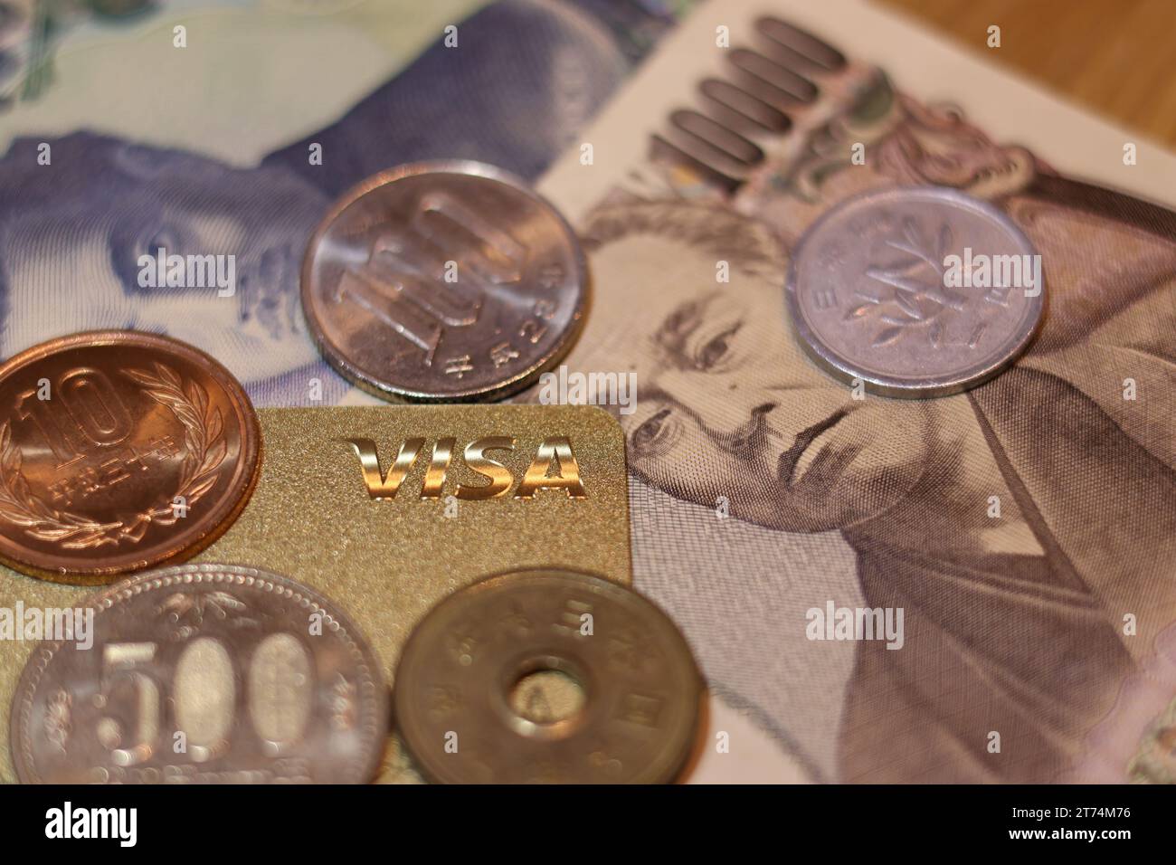 Eine Auswahl von Währungen, bestehend aus Münzen, zwei-Pence-Stücken, einer Banknote und anderen Formen von Papiergeld, die auf einem Stapel auf weißem Hintergrund angeordnet sind Stockfoto