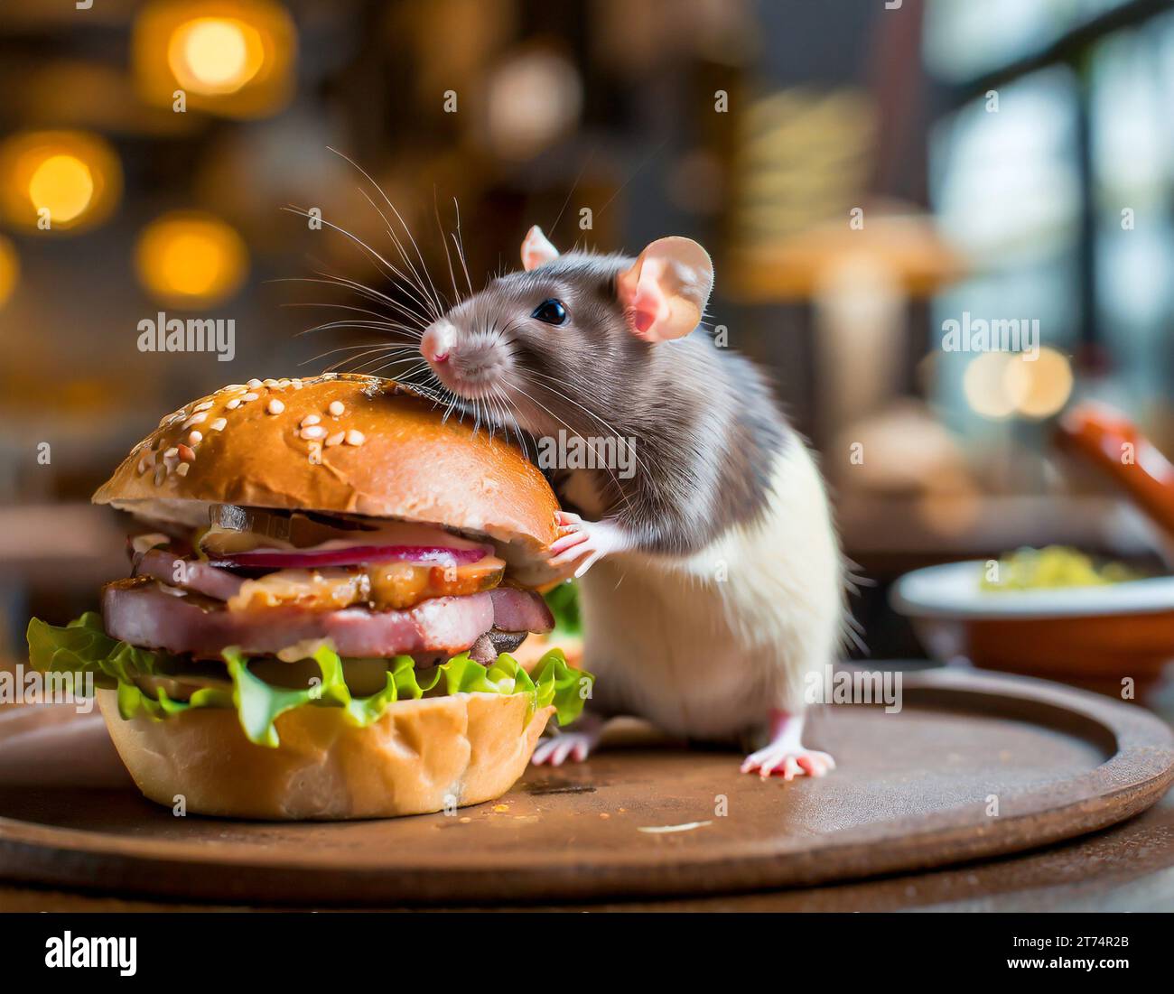Ratte in einem Burgerrestaurant Stockfoto