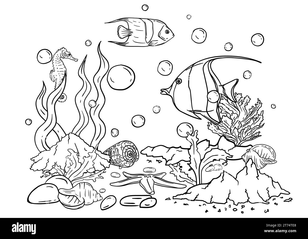 Vektor-Illustration eines Malbuchs der Unterwasserwelt mit schönen Fischen, Muscheln, Algen im Meer Stock Vektor