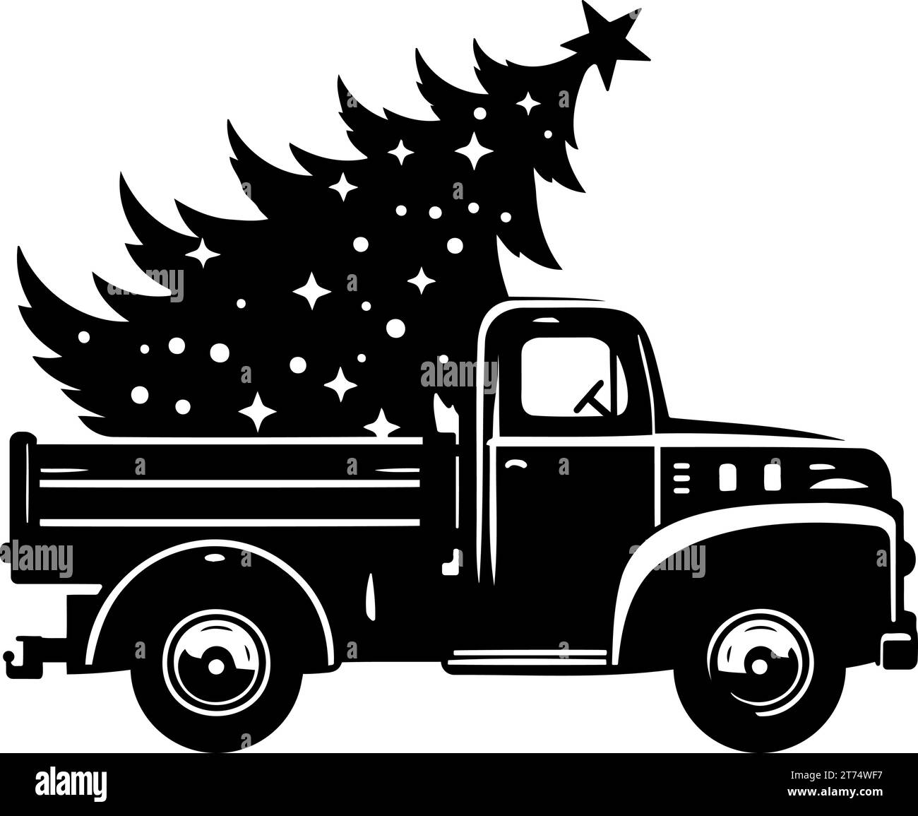 Vintage-Truck mit weihnachtsbaum-Silhouette. Vektorabbildung Stock Vektor