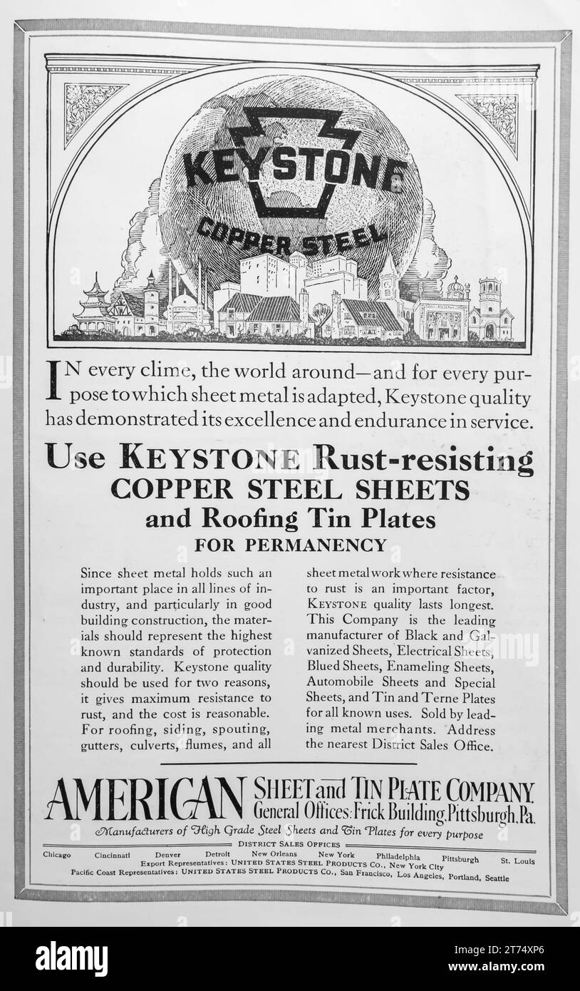1927 Keystone Rostbeständige Kupferstahlbleche und Dachzinnplatten ad. Pittsburgh, PA Stockfoto