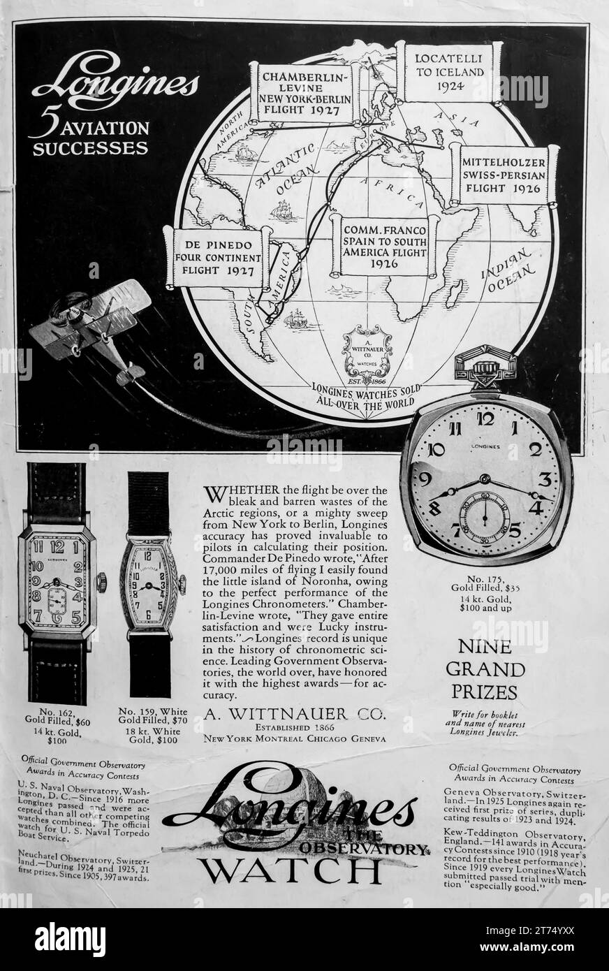 1927 Uhr Longines Observatory Werbespot. Fünf Erfolge in der Luftfahrt Longines Uhren Stockfoto