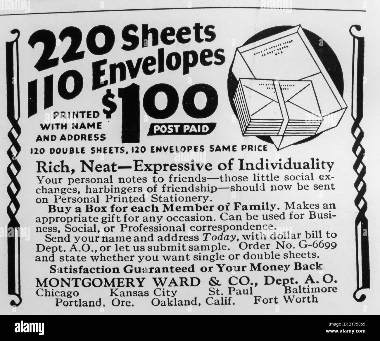 1927 220 Blatt 110 Umschläge für 1 US-Dollar von Montgomery Ward Ad Stockfoto