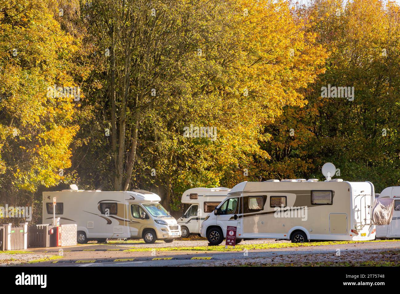 Camping in einem Wohnmobil während der Herbstsonne im Caravan and Motorhome Club im Lady Margaret's Park Chirk North Wales Stockfoto