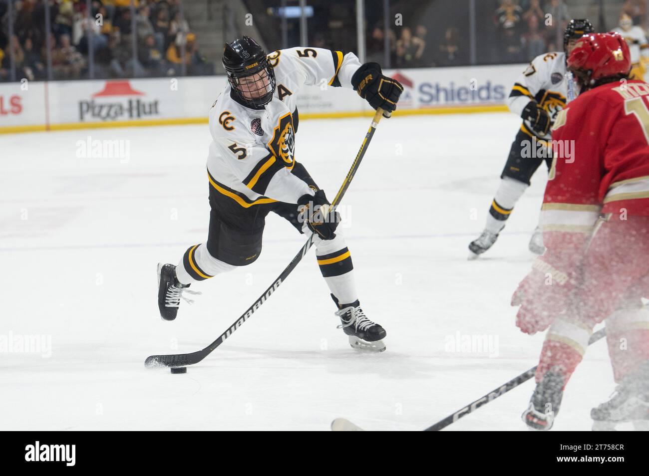 Jack Millar vom Colorado College (White 5) macht einen Schlag gegen die Denver University während eines College-Hockeyspiels in der Robson Arena. Stockfoto