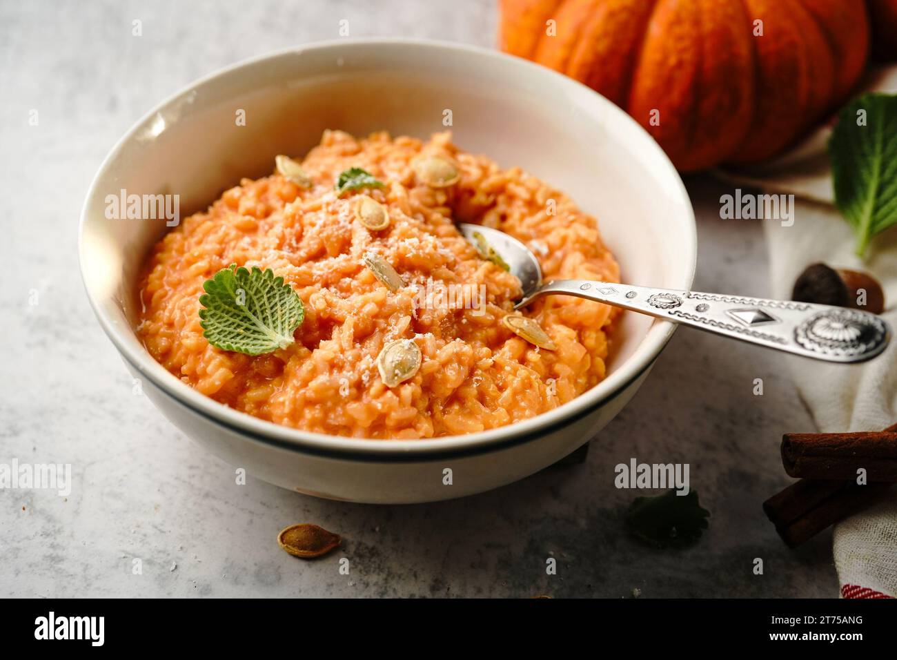 Hausgemachtes Kürbisrisotto - Thanksging Herbstessen, selektiver Fokus Stockfoto