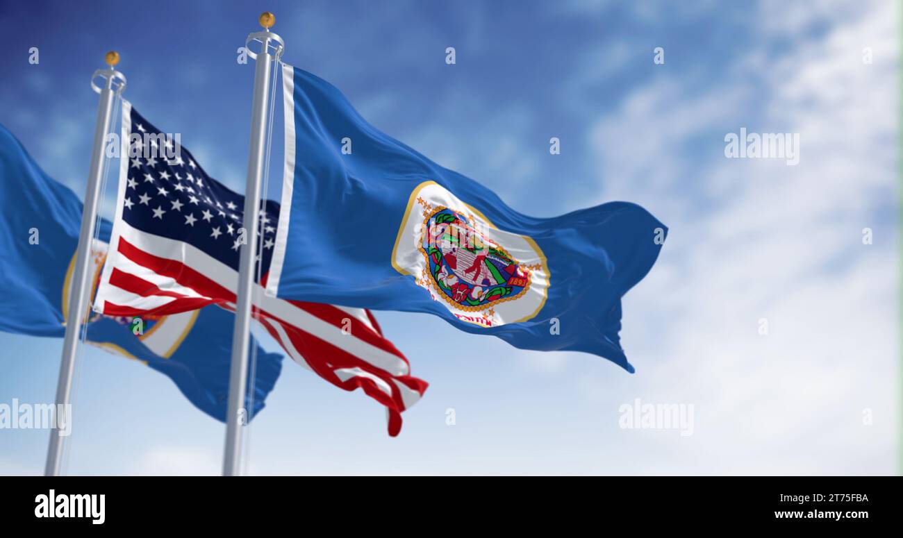 Die Nationalflagge von Minnesota winkt an einem klaren Tag mit der amerikanischen Flagge. bundesstaat im oberen Mittleren Westen und im Norden der Vereinigten Staaten. 3D i Stockfoto