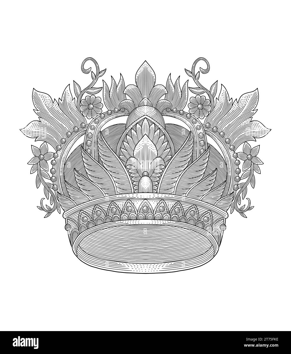Krone mit floralem Ornament, Illustration im Vintage-Gravurstil Stock Vektor