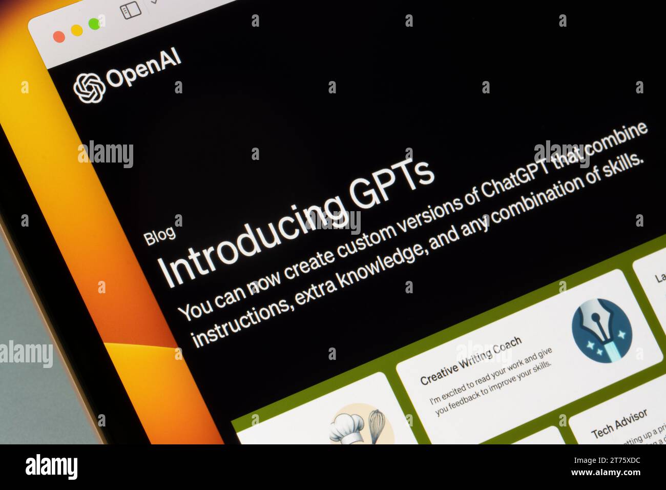 Eine Einführung in GPTs findet sich auf der Unternehmenswebsite von OpenAI auf einem Computer. GPTs sind eine neue Möglichkeit für jedermann, eine maßgeschneiderte Version von ChatGPT zu erstellen. Stockfoto