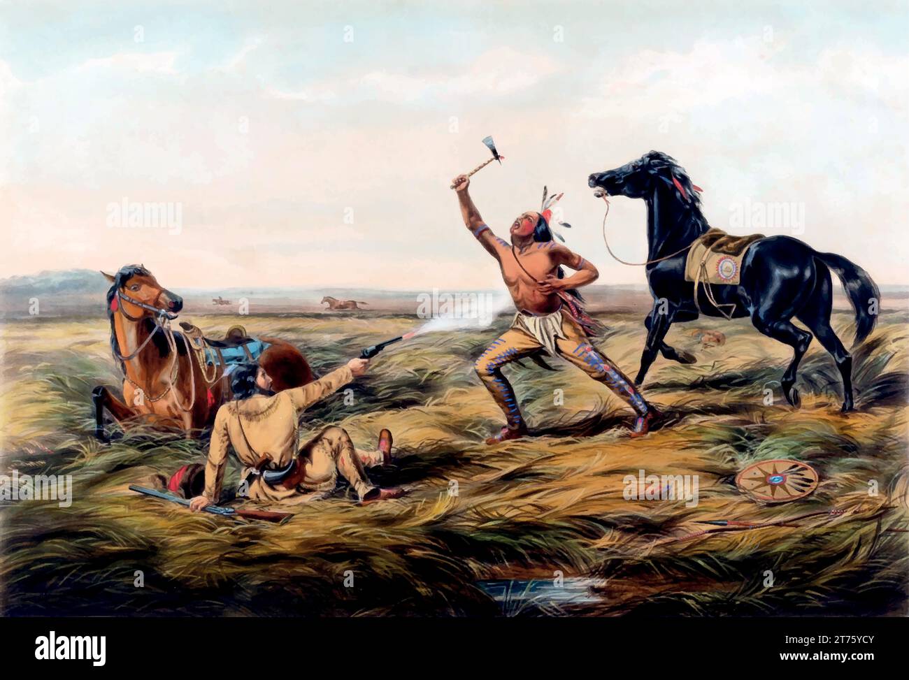 USA, 1865 der letzte Schuss Indianer und Pfadfinder. Currier & Ives. Gravur. Amerikanischer Bürgerkrieg, Gewerkschaftssoldat, ikonisches Bild symbolisiert die Opfer, Stock Vektor