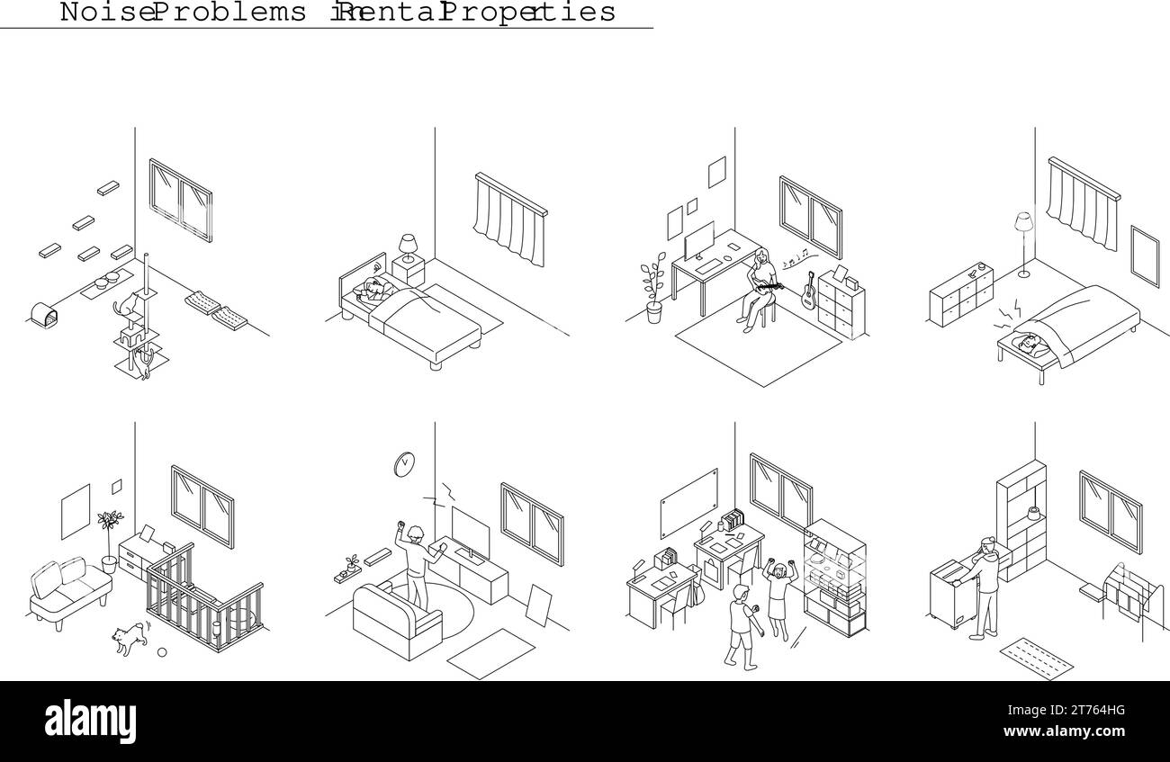 Lärmprobleme in Mietwohnungen: Lärm aus Wohnungen und Wohnungen, Vector Illustration Stock Vektor