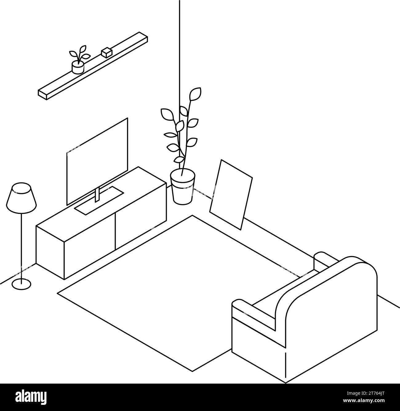 Ein Zimmer zur Miete finden: Wohnzimmer, Fernseher und Sofa einfach isometrisch, Vektor-Illustration Stock Vektor