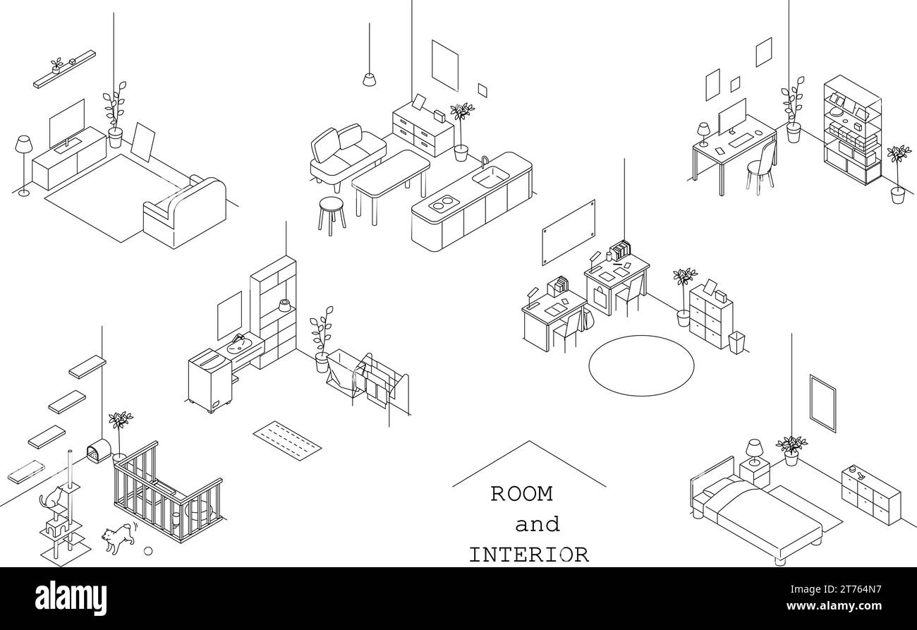 Ein Zimmer zur Miete finden: Verschiedene Zimmer, einfache isometrische Illustration, Vektorillustration Stock Vektor