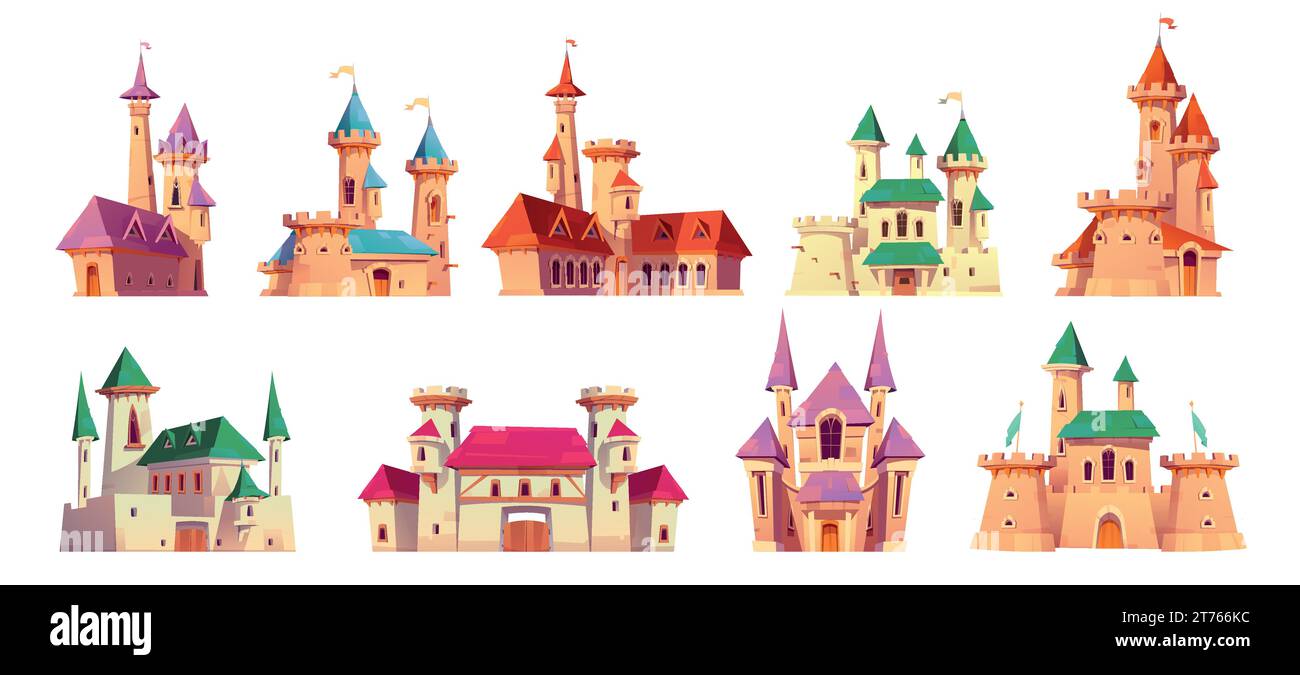 Märchenhafte mittelalterliche königliche Burg oder Fantasy Prinzessin Palast - Zeichentrickvektor Illustration Set von Königshäusern mit Türmen und Fahnen, Toren und Fenstern, Stock Vektor