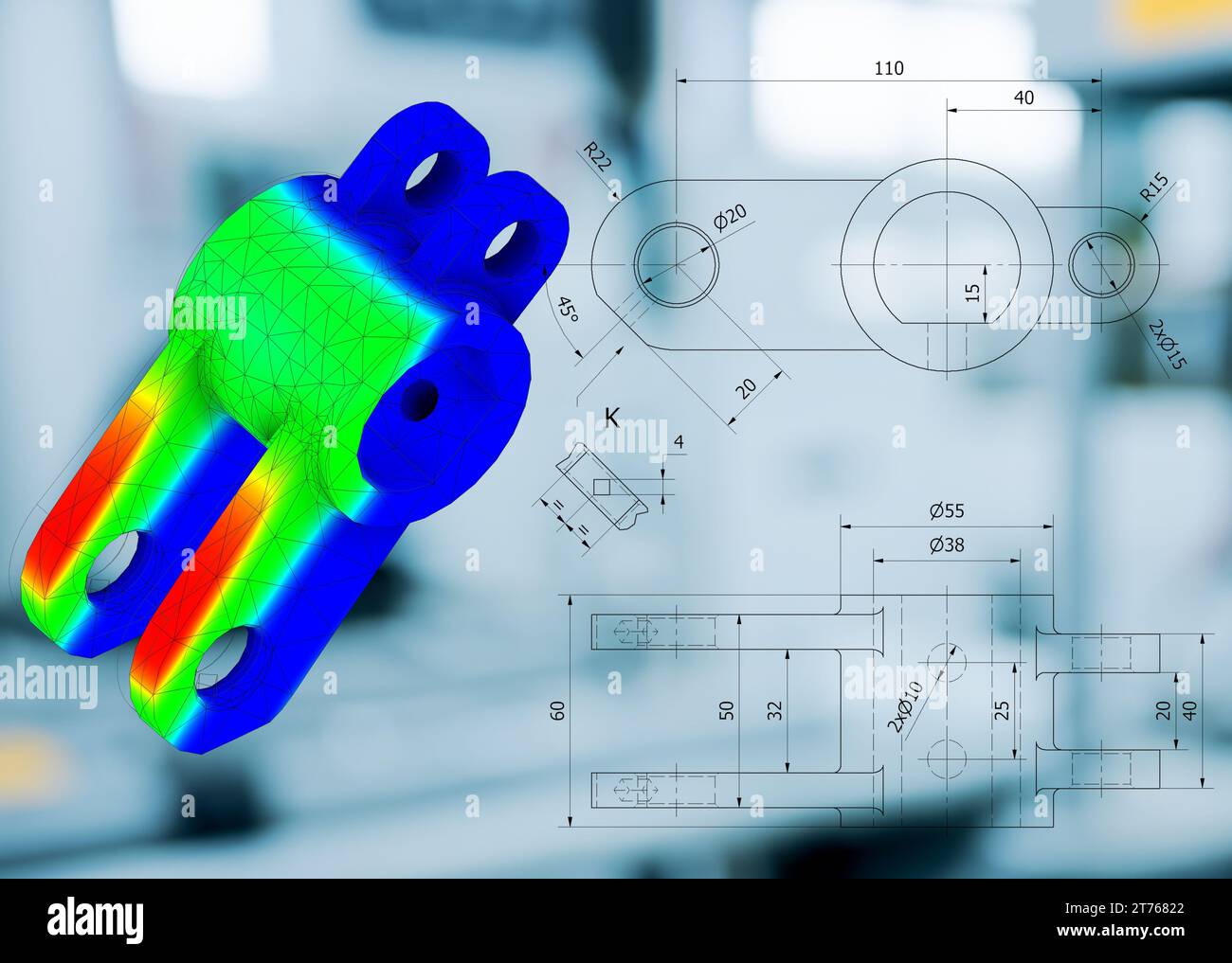 FEM-Analyse an mechanischen Metallverbindungen zur Berechnung von Widerstand, Spannung und Kräften vor dem Produktionsprozess Stockfoto