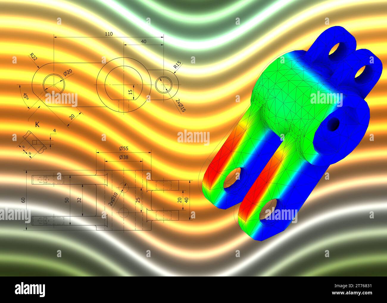 FEM-Analyse an mechanischen Metallverbindungen zur Berechnung von Widerstand, Spannung und Kräften vor dem Produktionsprozess Stockfoto