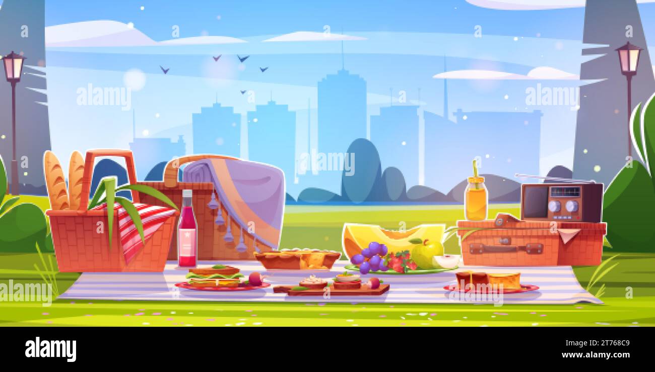 Retro-Picknick im Stadtpark am Morgen. Vektor-Karikaturillustration des appetitlichen Frühstücks serviert auf Rasen, Vintage Radio, Sandwiches, Obst und Getränke auf Stock Vektor