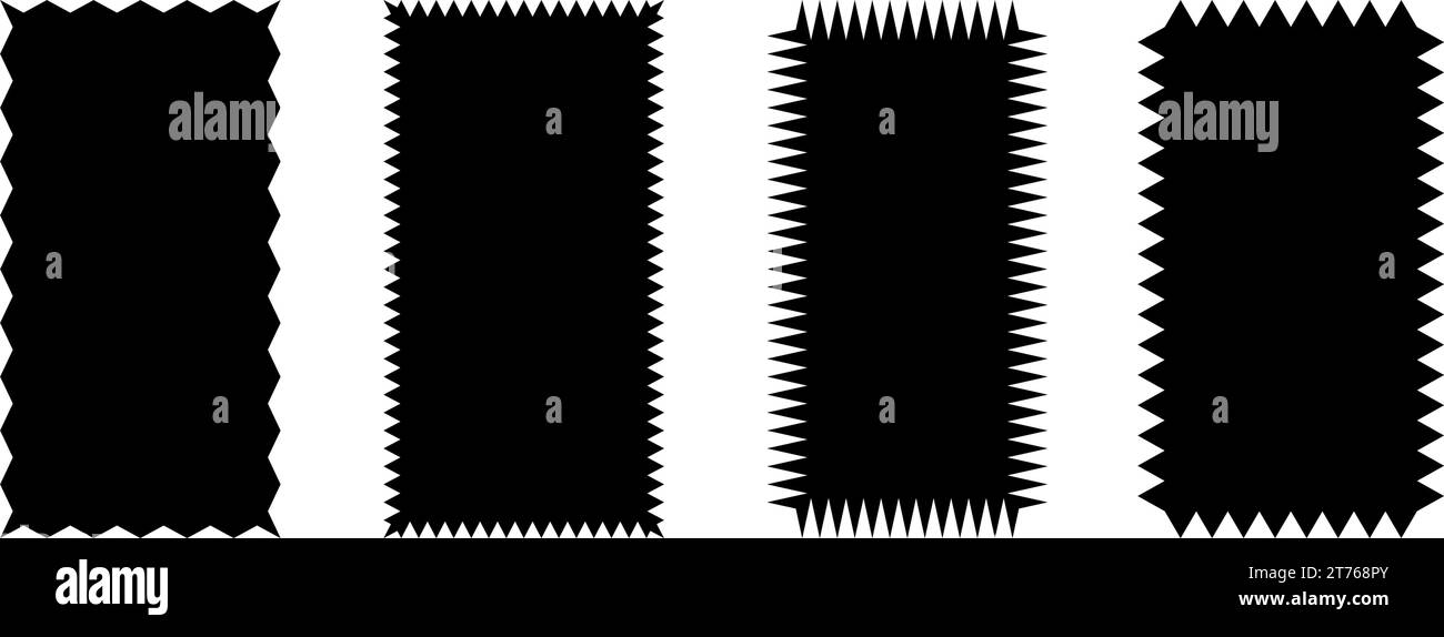 Zick-Zack-Edge-Kollektion mit rechteckigen Formen. Gezackte rechteckige Patches festgelegt. Schwarze grafische Designelemente für Dekoration, Banner, Poster, Vorlage, Aufkleber, Abzeichen, Collage. Vektorabbildung Stock Vektor