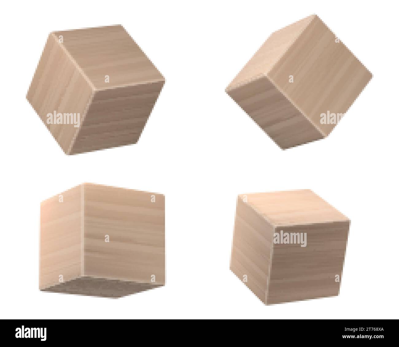 Set aus 3D-Holzwürfeln, isoliert auf weißem Hintergrund. Vektor realistische Illustration von kubischen Blöcken aus Naturholz mit Eiche Textur, Kinderspielzeug Mo Stock Vektor