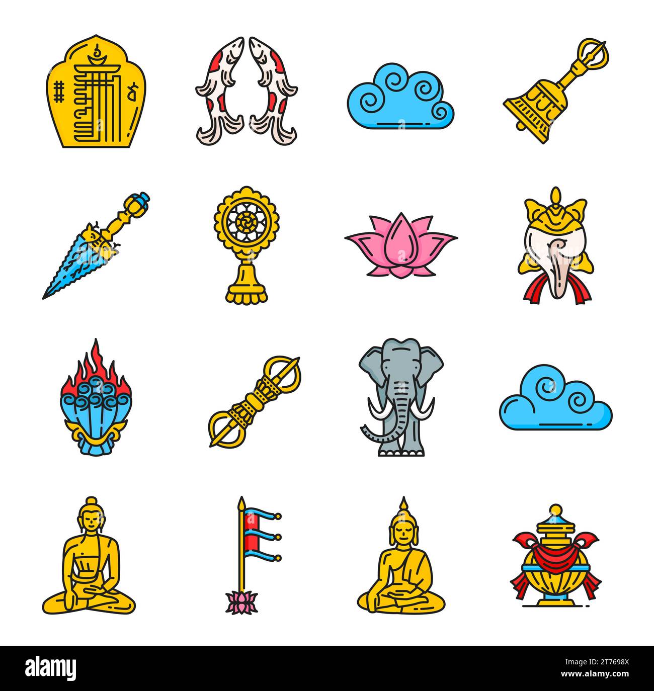 Buddhismus Religionssymbole und religiöse Symbole von Dharma, Vektor Lotus und Buddha. Tibetischer Buddhismus religiöse Zeichen des Siegesbanner, Wunsch, Juwelen und heiligen Elefanten mit Dharmachakra zu verleihen Stock Vektor