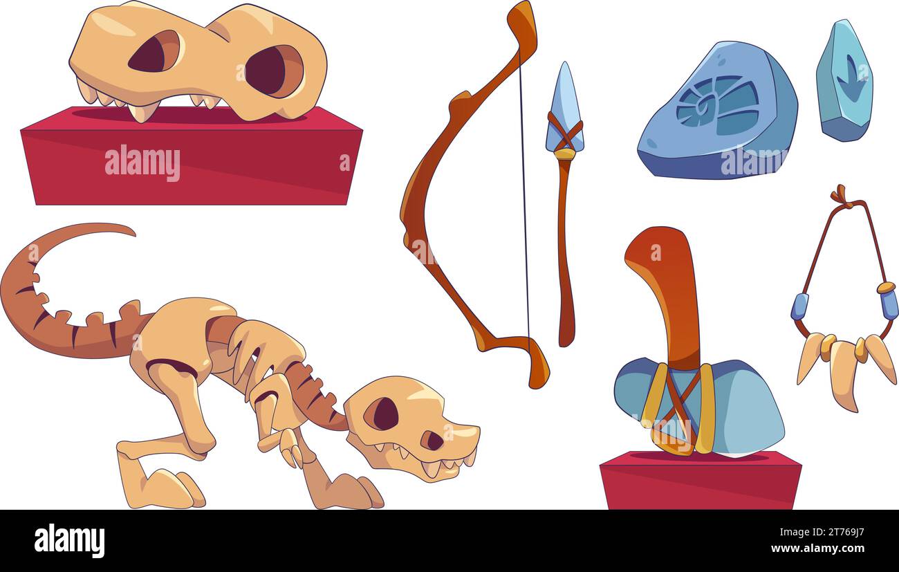 Archäologie Museum Design Elemente isoliert auf weißem Hintergrund. Zeitgenössische Zeichentrickvektorillustration des Dinosaurierschädels und Skeletts, Steinzeit Stock Vektor