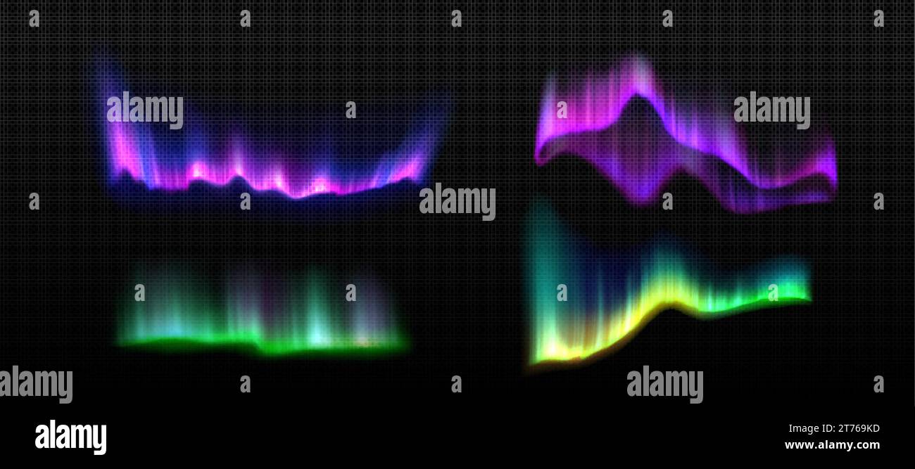 Nordlicht und nächtlicher polarer Borealis-Vektor. Isoliertes transparentes Boreal mit grüner und lila glänzender Grafik. Lappland Re Stock Vektor