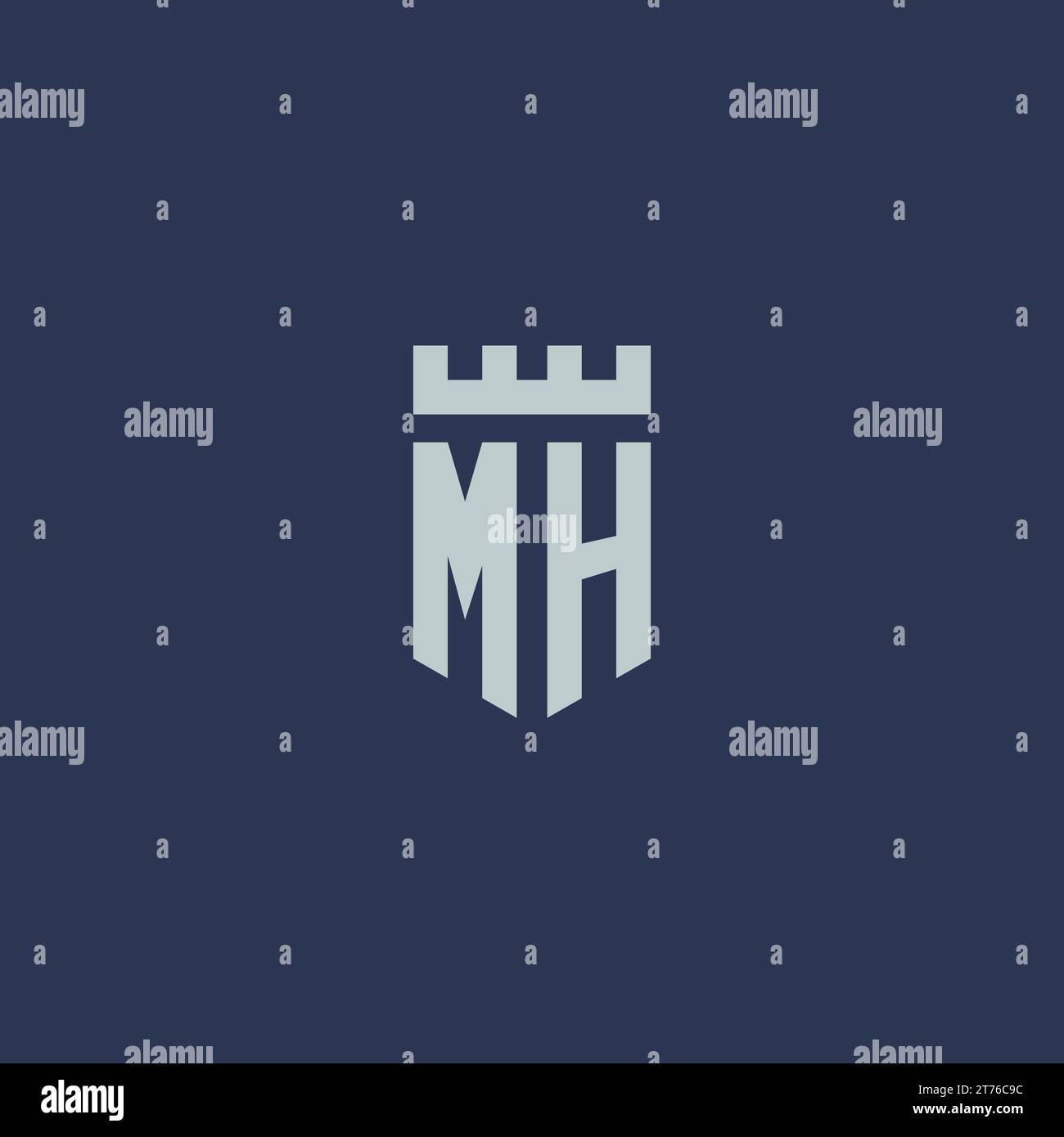 MH-Logo-Monogramm mit Festungsschloss und Design-Ideen im Schildstil Stock Vektor