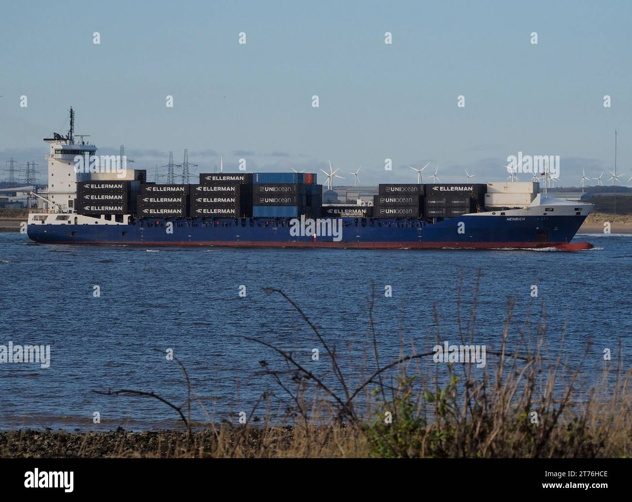 Abfahrt von Teesport Containerschiff HEINRICH IMO 9584475 MMSI 255806484t England UK nach Antwerpen Stockfoto