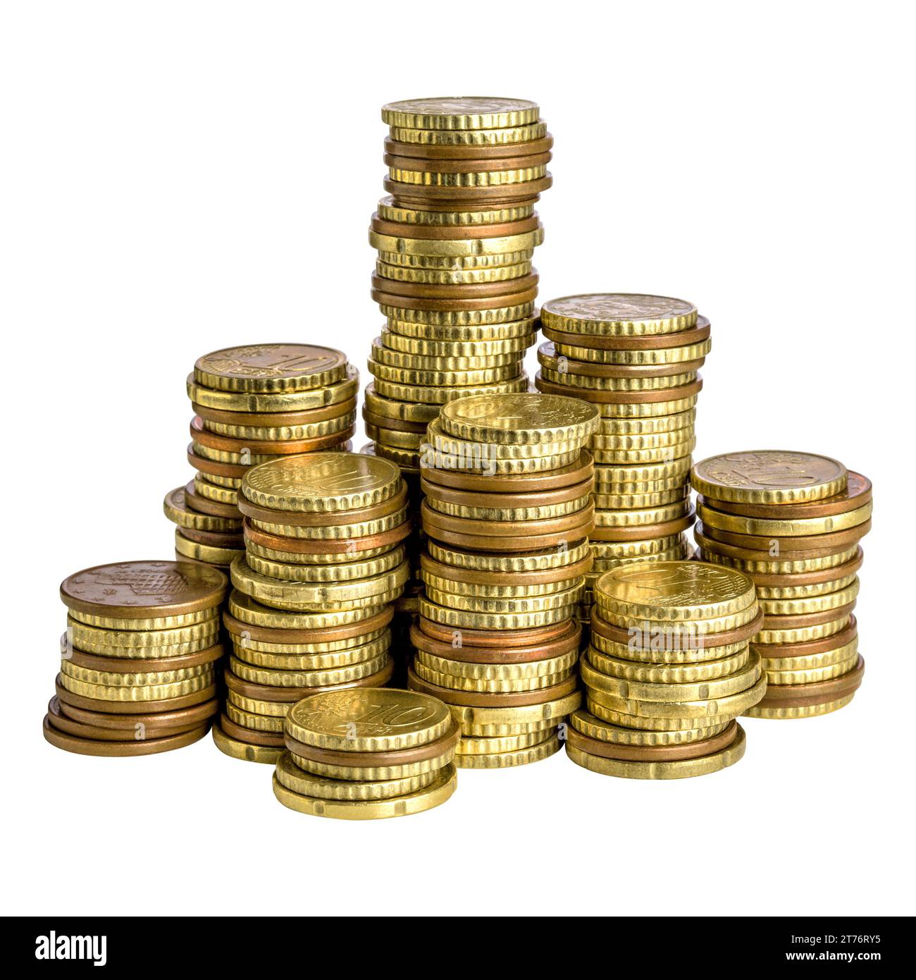 Gestapelte Euro-Cent-Münzen isoliert auf weißem Hintergrund Stockfoto