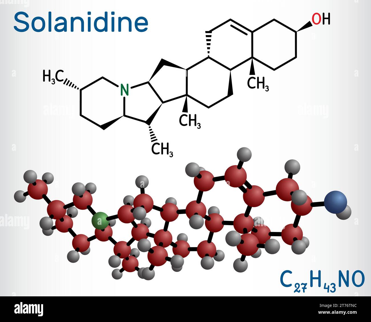 Solanidin-Molekül. Es ist giftiges steroidales Alkaloid, pflanzlicher Metabolit, Toxin. Strukturelle chemische Formel und Molekülmodell. Vektorabbildung Stock Vektor