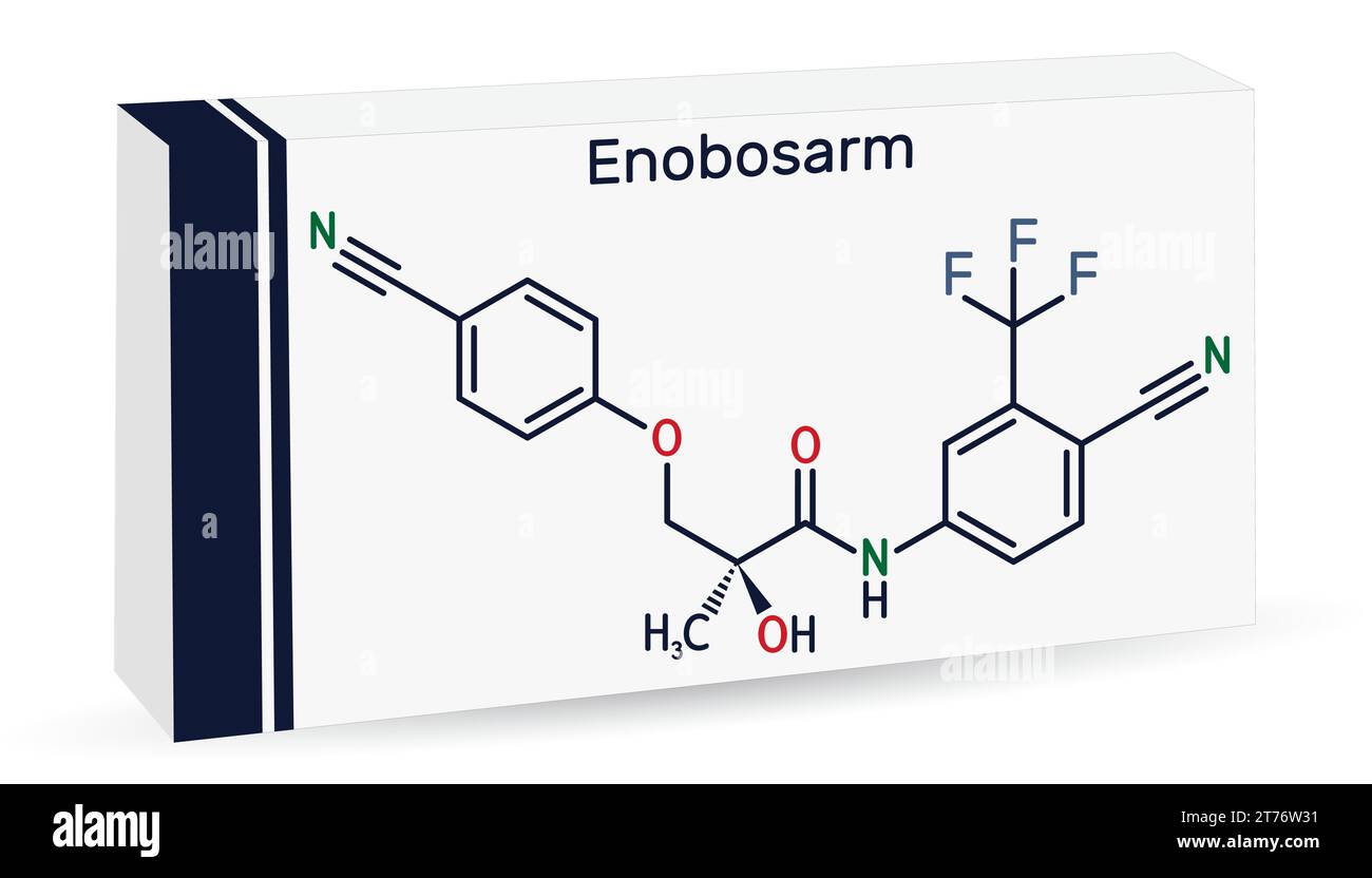 Enobosarm, Ostarinmolekül. Die chemische Formel des Skeletts. Papierverpackungen für Medikamente. Stock Vektor