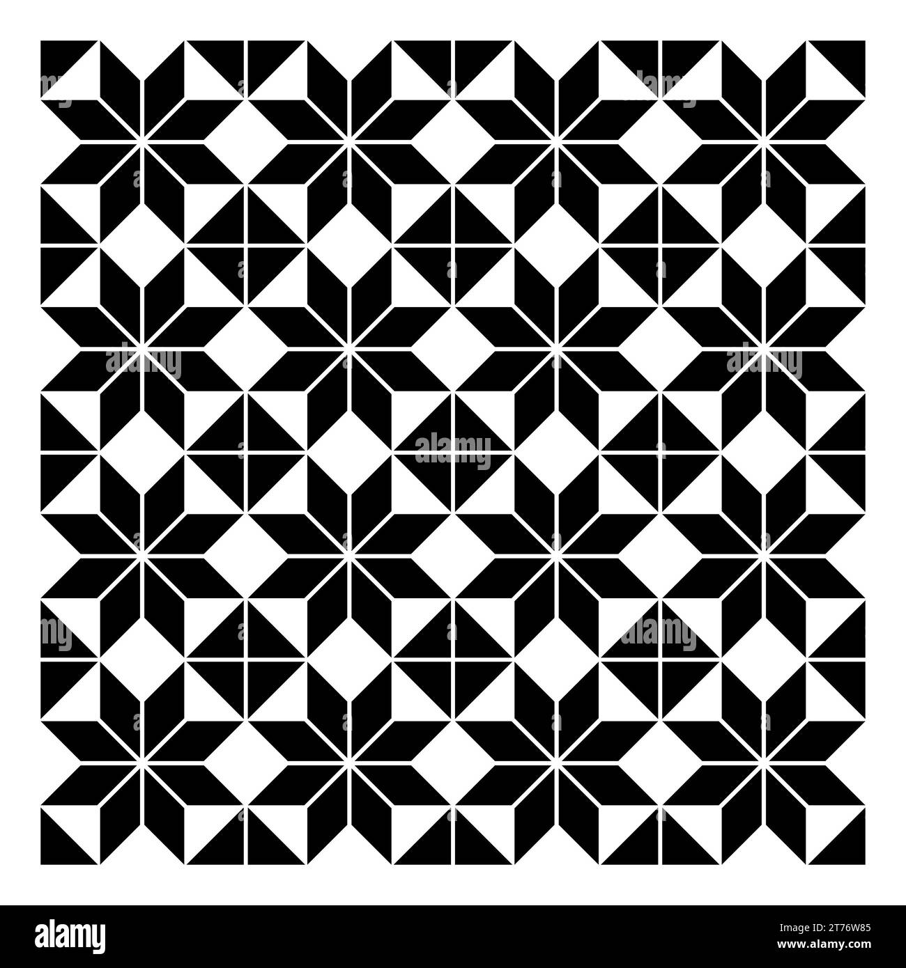 Antike Zementfliesen, Wien um 1900, schwarz-weiße Sterne und Quadrate, nahtloses elegantes Muster, skalierbar, anpassbar, endloses Muster. Stockfoto