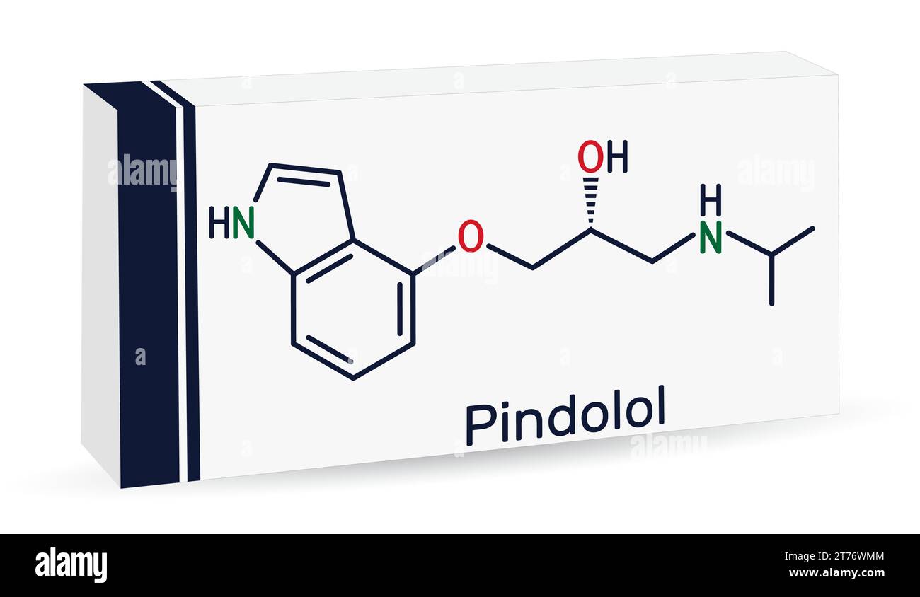 Pindolol-Molekül. Die chemische Formel des Skeletts. Papierverpackungen für Medikamente Stock Vektor