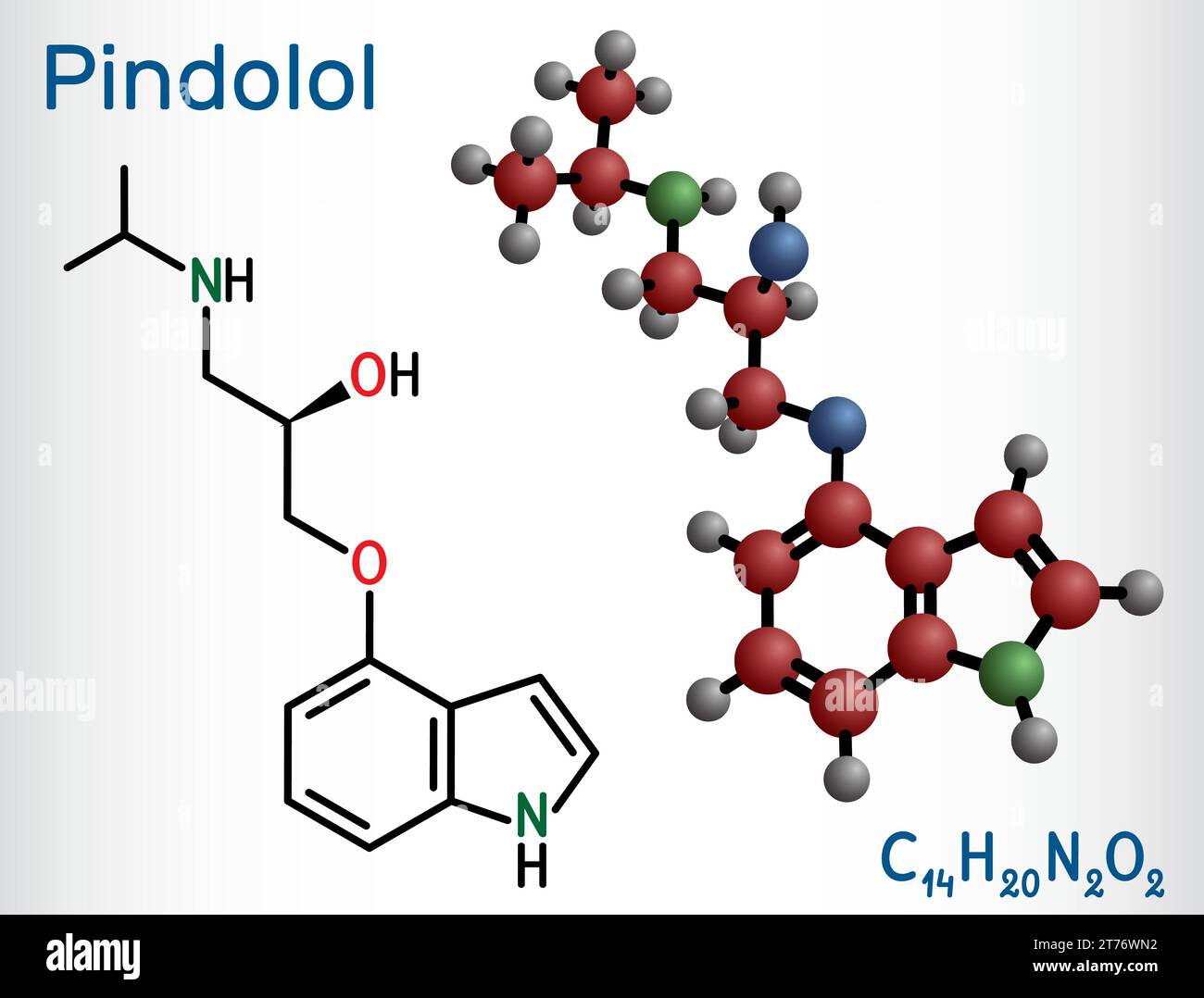 Pindolol-Molekül. Strukturelle chemische Formel, Molekülmodell. Stock Vektor